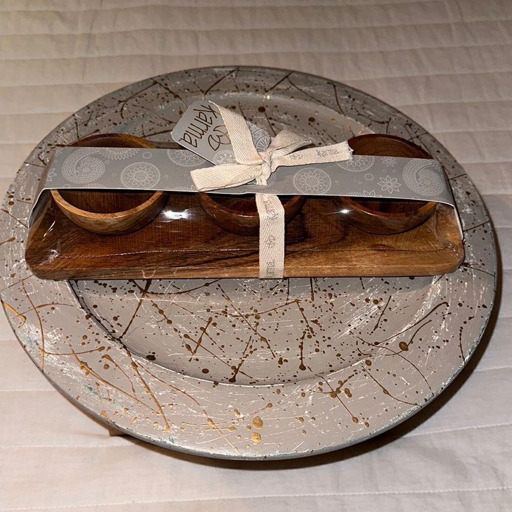 Karma Set of 3 piece Teak Wooden Condiment Dipping Bowls with a Serving Tray